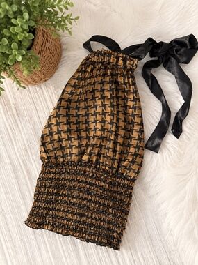 Y2K Satin Halter Top Small | Brown & Black Geometric Print | Boutique Style